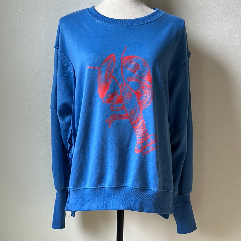 Abyovrt soft blue oversized crew neck lobster logo print womens sweatshirt